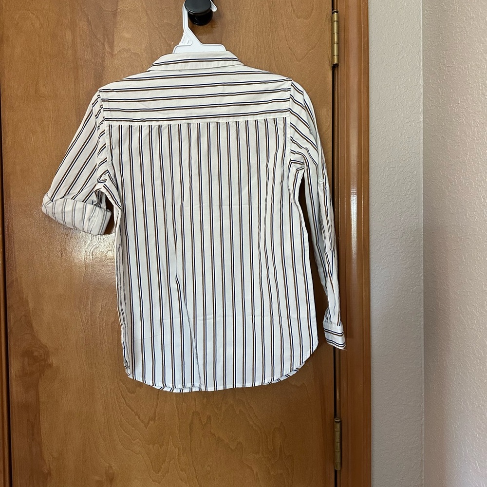 Striped Kids Shirt Gold Brown and Blue with roll up sleeves size 9-10 - Picture 7 of 10